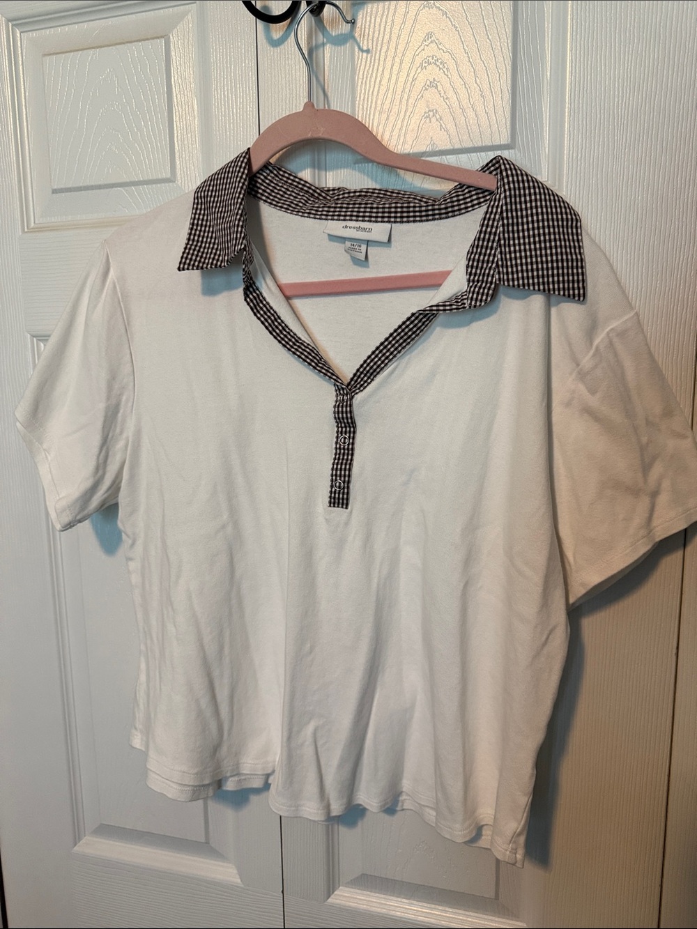 Dress Barn White Short-Sleeve Polo with Black Gingham Collar
